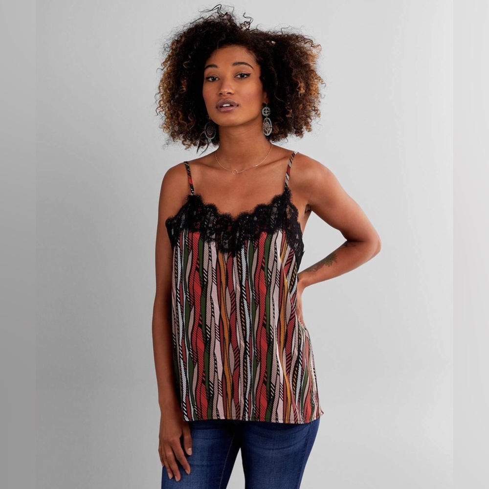Willow Root Multicolor Striped Lace-Trim Tank Top - Black Lace